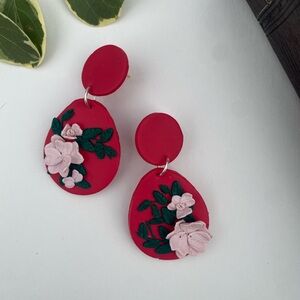 Elegant Pink Floral Polymer Clay Teardrop Earrings